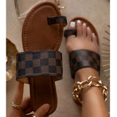 Plaid Toe Loop Slip-On Open Rounded Toe Slippers Oshnow